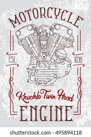 Knuckle twin head motorcycle engine. Biker poster, t-shirt design with stylish vintage elements on grunge background.