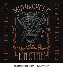 Knuckle Twin Head Motorcycle Engine. Biker Poster, T-shirt Design With Stylish Retro Font On Grunge Background