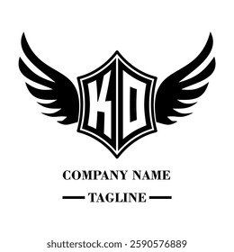 KO bold shield logo with wings, customizable with letters A to Z. Perfect for brands seeking a powerful symbol of strength, freedom, and ambition