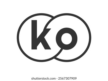 KO business company emblem with outline rounds and letters k o. Logo template of two merged circles for brand identity, logotype. Vector Infinity symbol  and technology sign.