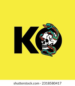 KO design. KO with a skull and a snake. Yellow background. Trippy vector