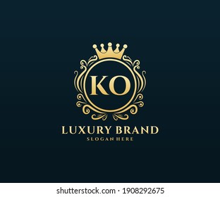 KO Initial Letter Gold calligraphic feminine floral hand drawn heraldic monogram antique vintage style luxury logo design.