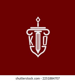 KO initial logo monogram design for legal lawyer vector image with sword and shield