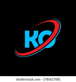 Diseño del logo de la carta KO K O. Letra inicial del logotipo monograma superior del círculo KO enlazado en mayúsculas rojo y azul. Logo de KO, diseño de K O. ko, k o