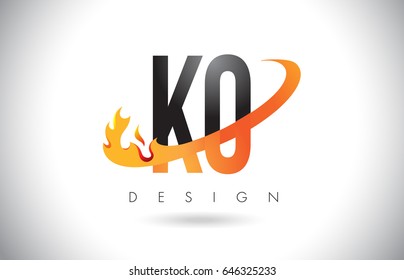 KO K O Letter Logo Design with Fire Flames and Orange Swoosh Vector Illustration.