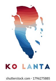 Ko Lanta map. Map of the island with beautiful geometric waves in red blue colors. Vivid Ko Lanta shape. Vector illustration.