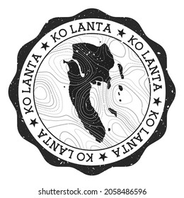 Ko Lanta outdoor stamp. Round sticker with map of island with topographic isolines. Vector illustration. Can be used as insignia, logotype, label, sticker or badge of Ko Lanta.
