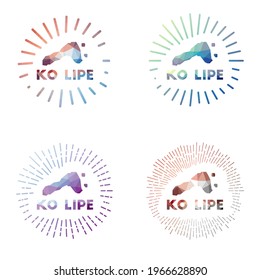 Ko Lipe low poly sunburst set. Logo of the island in a geometric polygonal style. Vector illustration.