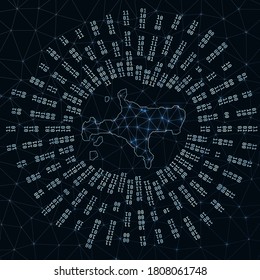 Ko Mak digital map. Binary rays radiating around glowing island. Internet connections and data exchange design. Vector illustration.