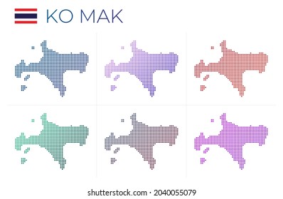 Ko Mak gepunkteter Kartensatz. Karte von Ko Mak im gepunkteten Stil. Grenzen der Insel gefüllt mit schönen glatten Gradientenzirkeln. Moderne Vektorgrafik.
