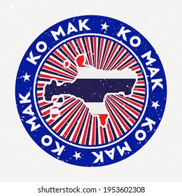 Ko Mak round stamp. Logo of island with flag. Vintage badge with circular text and stars, vector illustration.