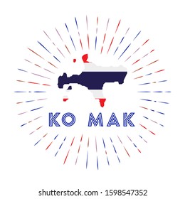 Ko Mak sunburst badge featuring the island's map with the Thai flag. Colorful rays surround the logo in a vector illustration.