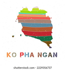 Ko Pha Ngan map design. Shape of the island with beautiful geometric waves and grunge texture. Classy vector illustration.