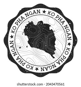 Ko Pha Ngan outdoor stamp. Round sticker with map of island with topographic isolines. Vector illustration. Can be used as insignia, logotype, label, sticker or badge of the Ko Pha Ngan.