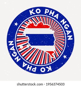 Ko Pha Ngan round stamp. Logo of island with flag. Vintage badge with circular text and stars, vector illustration.