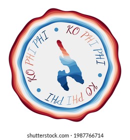 Ko Phi Phi badge. Map of the island with beautiful geometric waves and vibrant red and blue frame. Vivid round logo. Vector illustration.