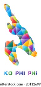 Ko Phi Phi - colorida forma de isla de poli baja. Triángulos geométricos multicolor. Diseño moderno y de moda. Ilustración vectorial.