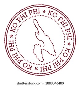 Sello de caucho redondo Ko Phi Phi con mapa de la isla. Sello de pasaporte rojo vintage con texto circular y estrellas, ilustración vectorial.