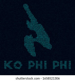 Mapa tecnológico de Ko Phi Phi. Símbolo de estilo digital. Cibermapa de la isla con su nombre. Ilustración vectorial fría.