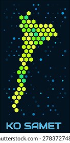 Ko Samet hexagon dots map. Thailand. Digital style shape of the island. Ko Samet map and title. Large green colored hexagons, sparse blue dots at background. Vector Illustration.