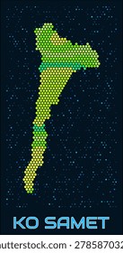 Ko Samet hexagon dots map. Thailand. Digital style shape of the island. Ko Samet map and title. Tiny green colored hexagons, sparse blue dots at background. Vector Illustration.