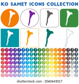 Ko Samet icons collection. Bright colorful trendy map icons. Modern Ko Samet badge with island map. Vector illustration.