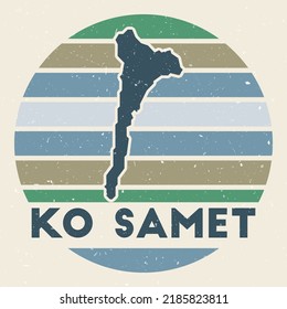 Ko Samet logo. Sign with the map of island and colored stripes, vector illustration. Can be used as insignia, logotype, label, sticker or badge of the Ko Samet.