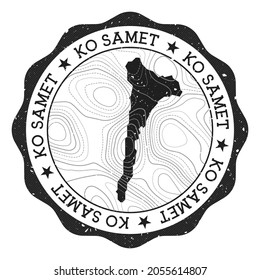 Sello exterior de Ko Samet. Pegatina redonda con mapa de la isla con aislamientos topográficos. Ilustración vectorial. Puede utilizarse como insignia, logotipo, etiqueta, pegatina o insignia del Ko Samet.