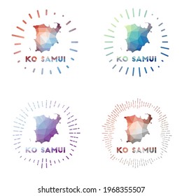 Ko Samui low poly sunburst set. Logo of island in geometric polygonal style. Vector illustration.