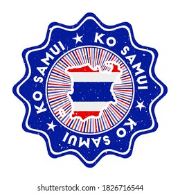 Sello redondo de Ko Samui con mapa de la isla y bandera del país. Señal vintage con texto circular y estrellas, ilustración vectorial.