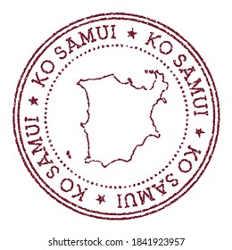 Ko Samui round rubber stamp with island map. Vintage red passport stamp with circular text and stars, vector illustration.