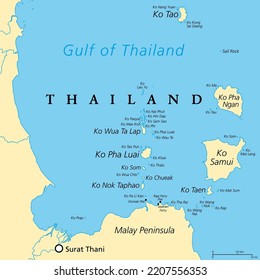 De Ko Samui a Ko Tao, mapa político. Populares destinos turísticos y de viajes con numerosas islas frente a la costa de Tailandia, geográficamente en la provincia de Chumphon y la provincia de Surat Thani.