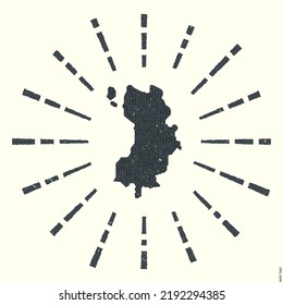 Ko Tao Logo. Grunge sunburst poster with map of the island. Shape of Ko Tao filled with hex digits with sunburst rays around. Neat vector illustration.