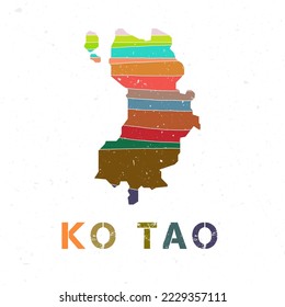 Ko Tao map design. Shape of the island with beautiful geometric waves and grunge texture. Neat vector illustration.