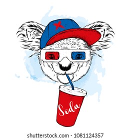 Koala in 3d glasses and a glass of soda. Vector illustration.