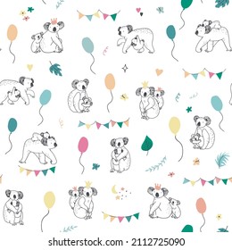 Koala animal birthday celebration vector seamless pattern