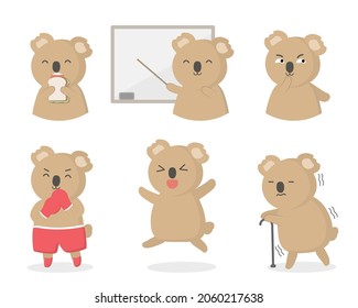 Koala Animal characters of various professions and emotions such as boxers, teachers, old people, happy, eating. Koalas in different pose and activities. vector flat illustration
