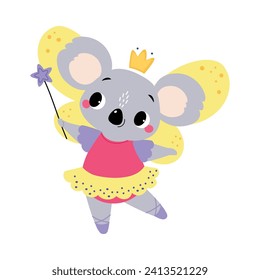 Koala Animal Fairy in Pretty Dress with Magic Wand and Wings Vector Illustration