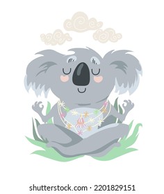 Koala animal meditating in yoga pose, t-shirt print, sticker, poster.