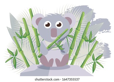 Koala Australian animal, cute cartoon character, vector illustration. Exotic bear in zoo, wildlife fauna of Australia. Funny koala eating leaves, adorable animal mascot in flat childish style