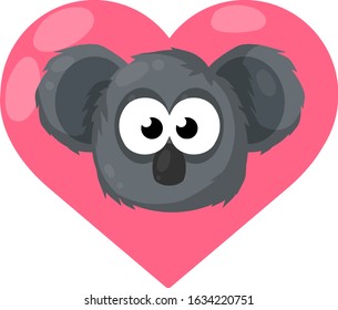 Koala. Australian animal. Head of cute gray bear. Face of funny character. Cartoon flat illustration. Pink heart and love. 