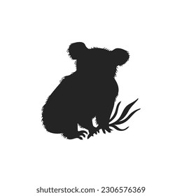 Koala Australischer Bär schwarze Umrisssilhouette Symbol, Vektorgrafik einzeln auf weißem Hintergrund. Eine Übersicht über das süße australische Koala Tier mit Eukalyptusblättern.