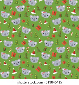 Koala babies new year seamless pattern with christmas tree, lollipop, gift, santa hat. For scrapbook paper, wrapping gifts, wallpaper. Holiday children kids background. 