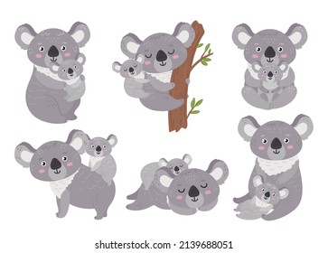 Koala and baby. Animal mother hugs babies clipart. Cartoon koalas mom and cutie wild children. Australia symbols, jungle bear neoteric vector characters