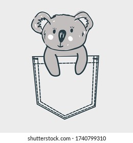 Koala baby bear sitting in pocket. T shirt print for kid apparel 