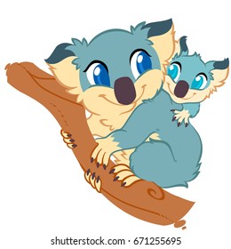 Koala with baby, cute drawing, digital vector illustration of australia, marsupials.