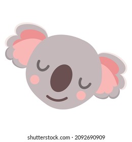 Koala baby head smiling. Grey, brown and pink. Eyes closed. Cartoon flat style. Funny and cute. Australian animal. Nature and ecology. For children post card, books, textile, print and poster