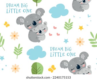 Koala with baby seamless pattern. Repeating design element for printing on fabric. Mother and son, childhood. Tropical and exotic animals, jungle and wild life. Cartoon flat vector illustration