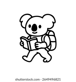 Um coala com uma mochila e livro, em um estilo de arte de linha simples