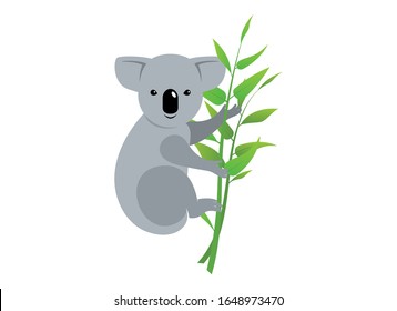 Koala mit Bambus-Vektorillustration. Cute koala einzeln auf weißem Hintergrund. Adorable Koala-Bär-Zeichentrickfigur